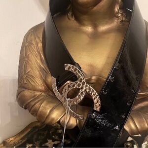 Black Patent Leather Belt with Silver Buckle